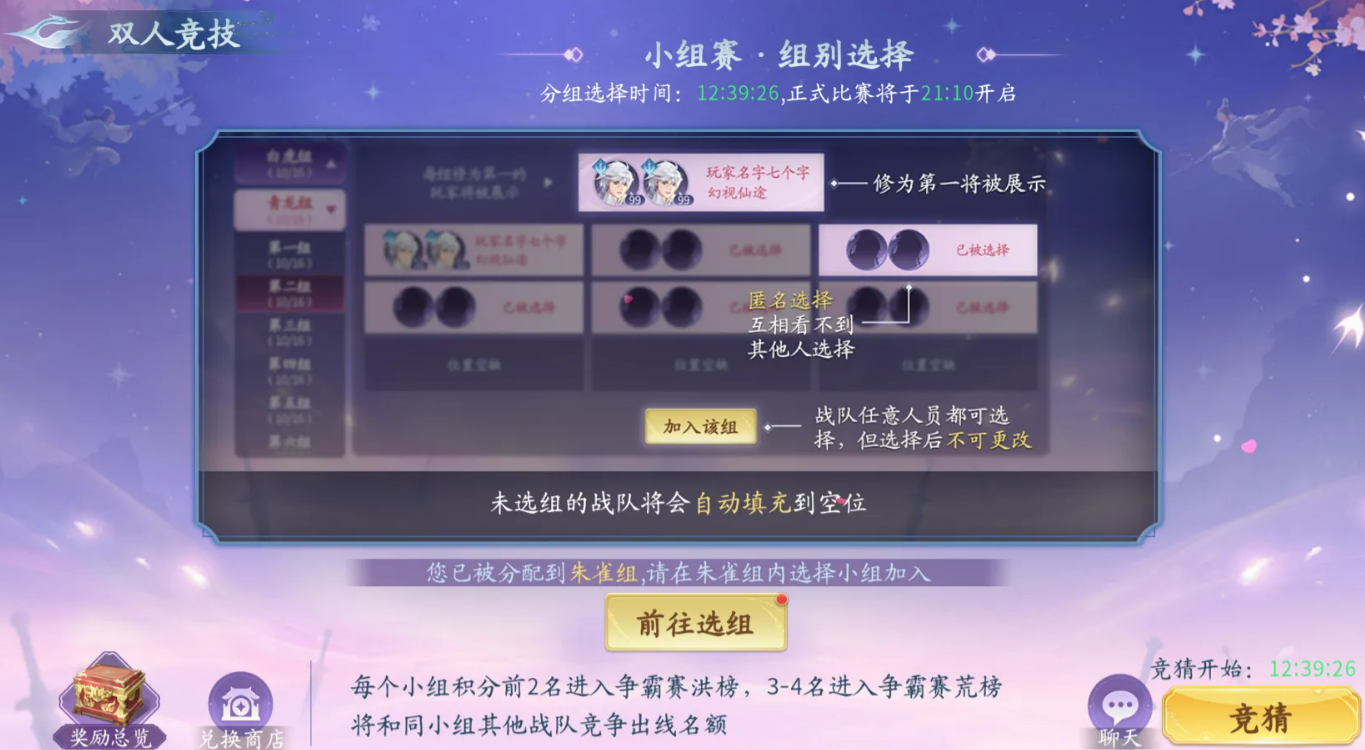 仙遇双人竞技小组赛分组界面示意图