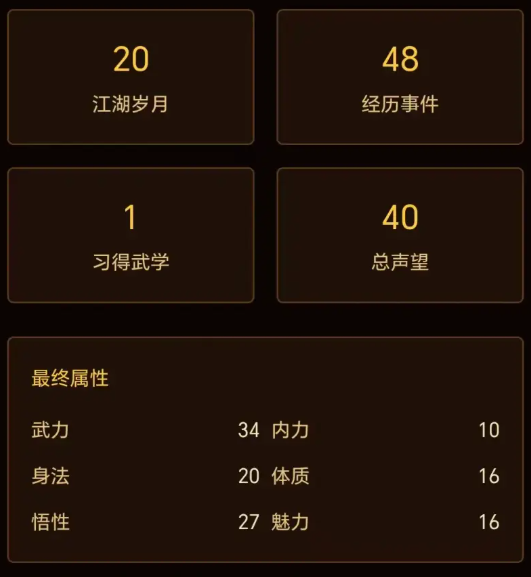 武侠人生路角色养成界面：文字化属性与技能展示