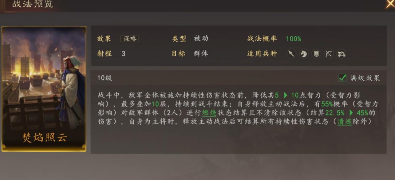 三国志王道天下火烧弓战法搭配示意图
