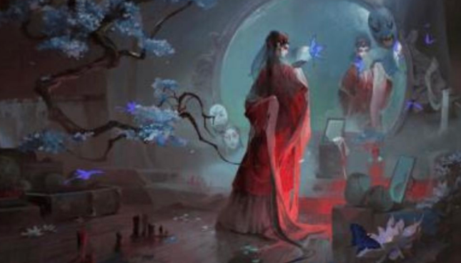 纸嫁衣9角色特写：女主侧脸，耳畔昙花花苞清晰可见，红嫁衣纹样细腻繁复