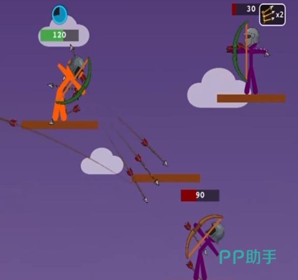 火柴人射手关卡地图界面,呈现多层平台与敌人分布