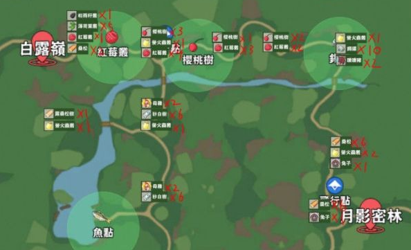 砂白树与桑松刷新点位示意图，标注A/B双点位置及采集路径