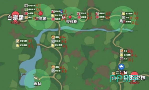 砂白树与桑松刷新点位示意图,标注A/B双点位置及采集路径