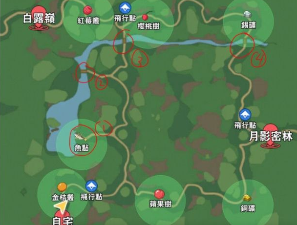 野果分区采摘示意图，标注白露岭、住宅密林交界带及时段标识