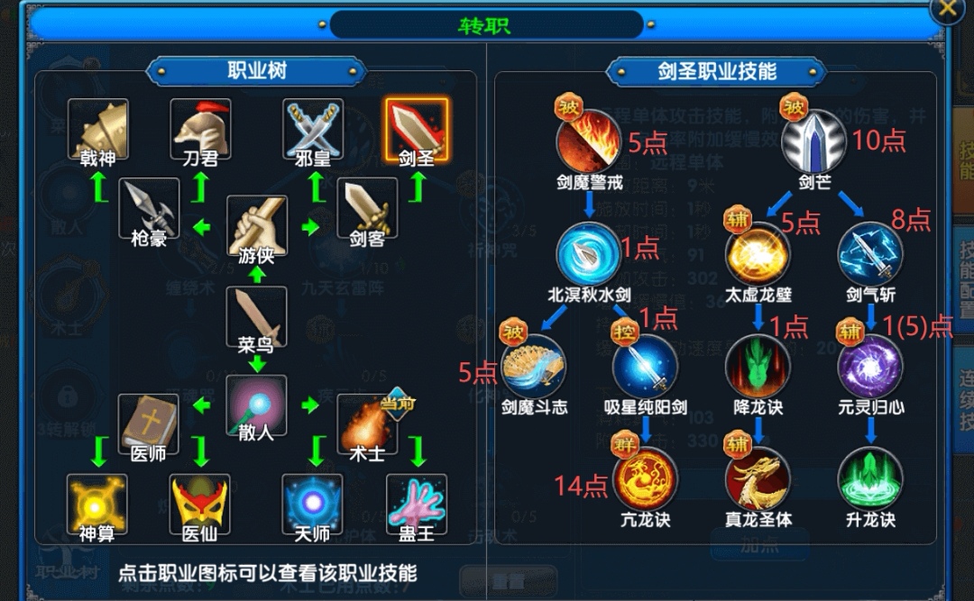 武林外传十年之约剑客技能加点界面示意图