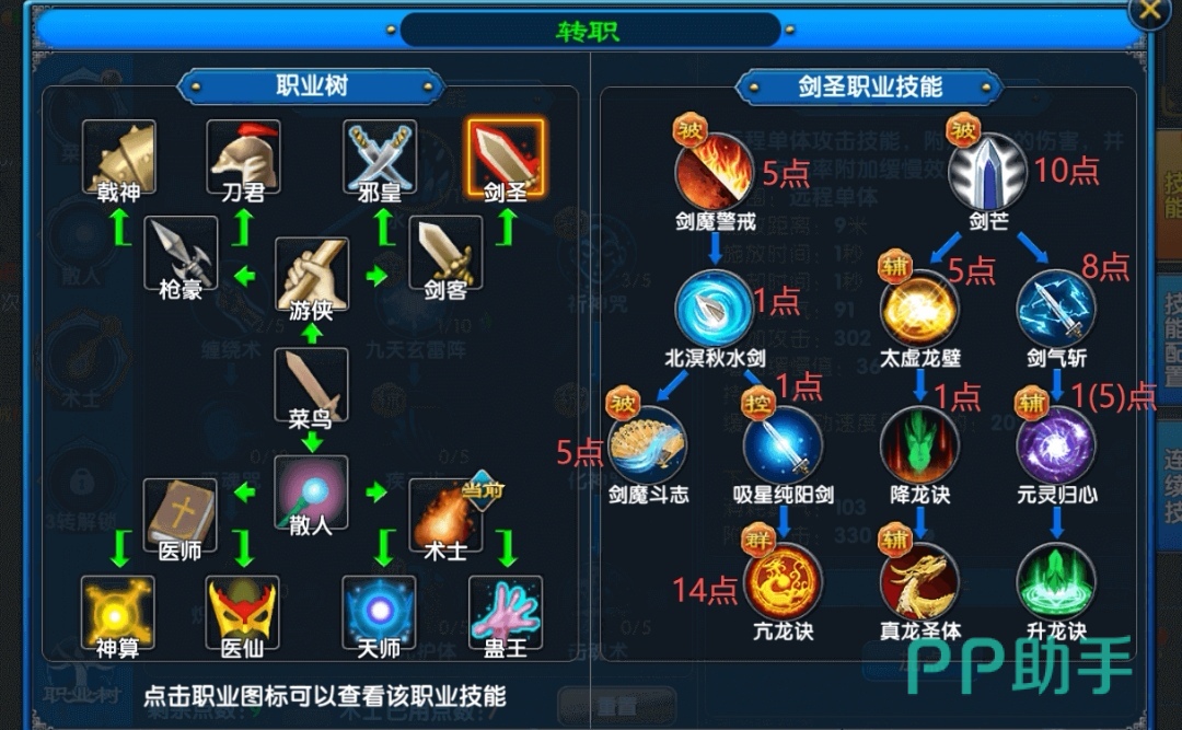 武林外传十年之约剑客技能加点界面示意图