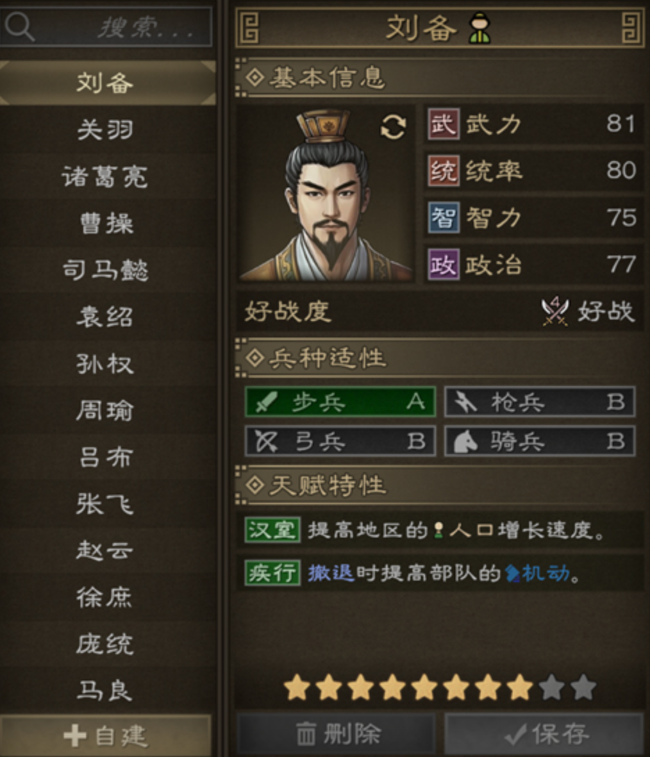 刘备四维属性与天赋面板截图