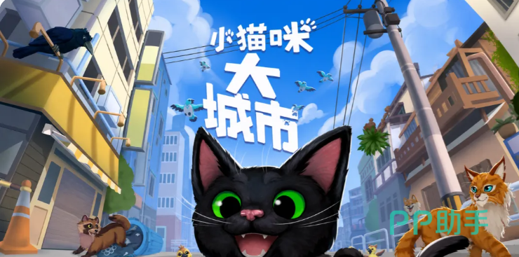 小猫咪大城市游戏主界面截图:一只黑猫站在城市街角仰望高楼