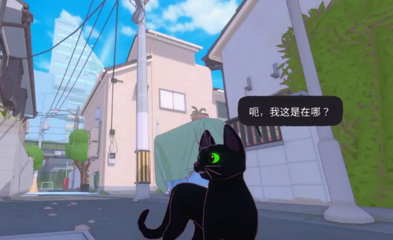 小猫咪大城市场景图：黑猫蹲坐在人行道边，前方有低头看手机的行人和一只摇尾巴的狗