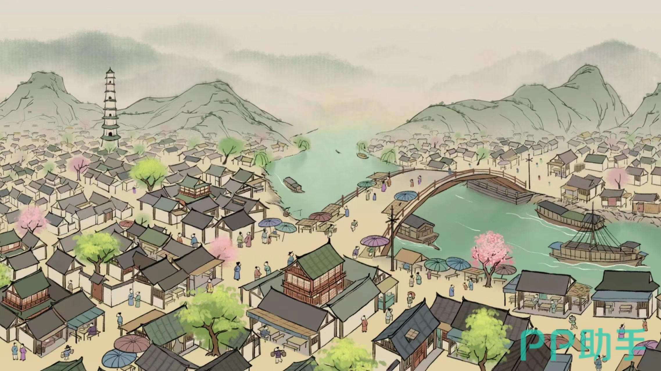 满庭芳宋上繁华游戏界面示意图:宋代风格城市布局全景
