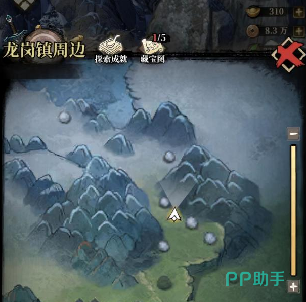 古龙群侠录破庙绕山路线与悬崖宝箱位置示意图