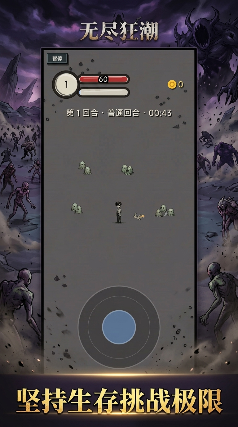 无尽狂潮战斗场景图，展示多波次怪物进攻与角色应对姿态