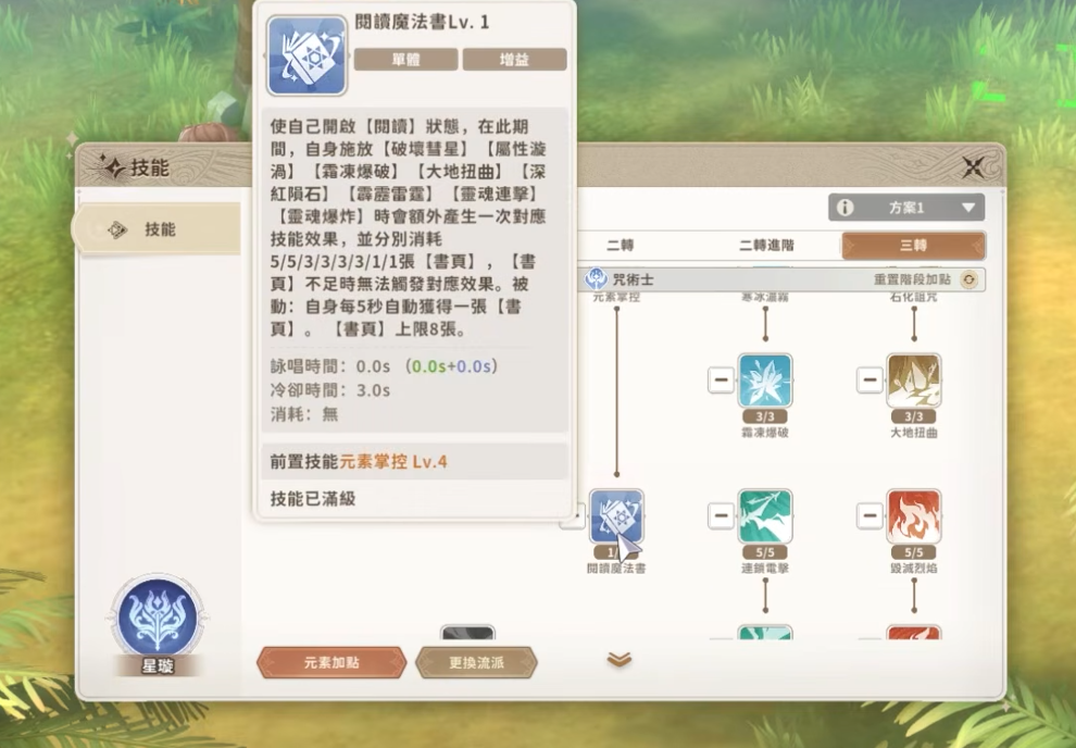 魔法书页资源条与技能消耗示意