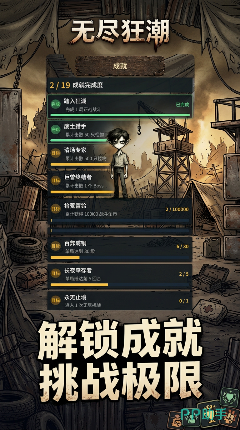 无尽狂潮手游主界面截图,展现废土风格场景与角色战斗画面