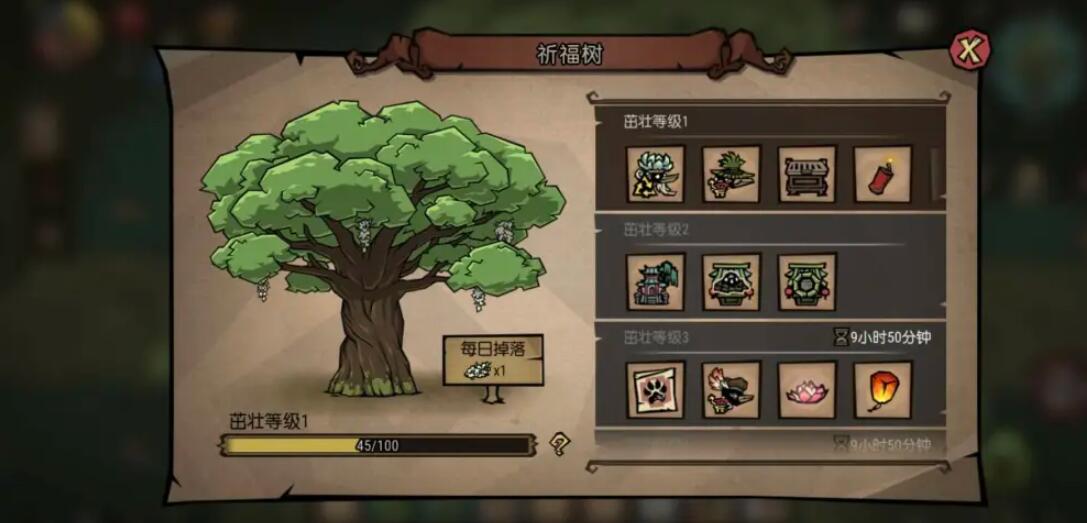 祈福树等级界面与道具栏位解锁示意图