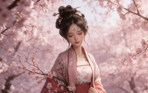 桃夭照料桃树场景：手持竹篮俯身修剪枝条