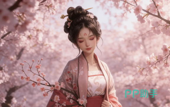 桃夭照料桃树场景:手持竹篮俯身修剪枝条