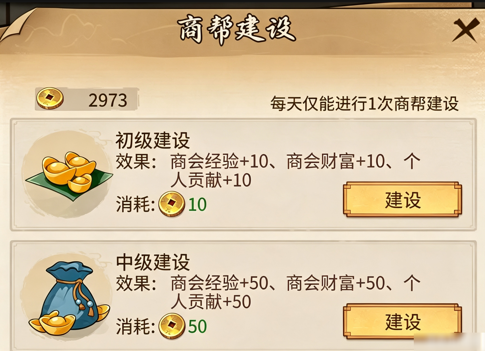 商帮建设等级与资源消耗说明图