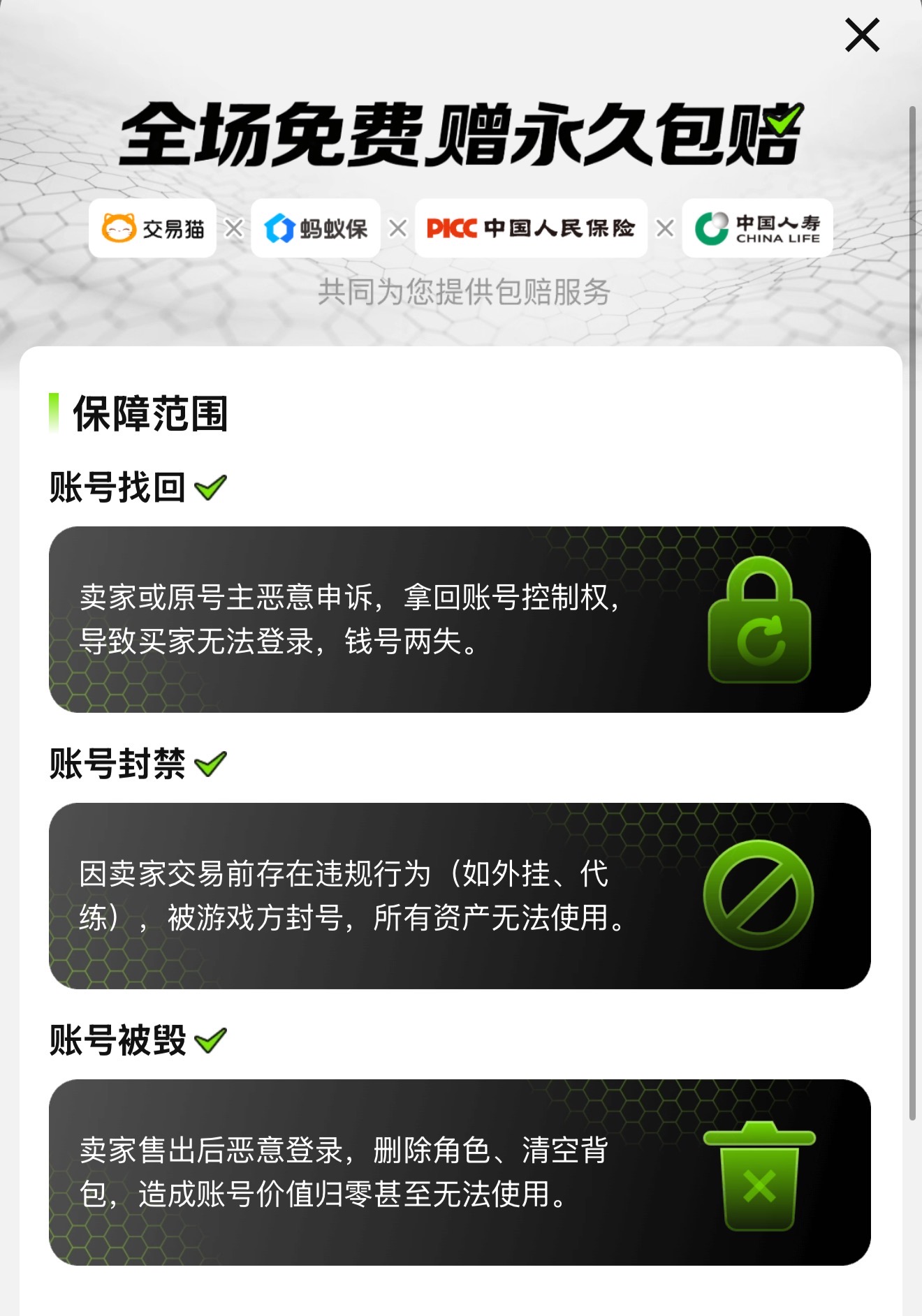 交易猫售后保障页面截图，展示永久包赔条款与客服响应时效说明