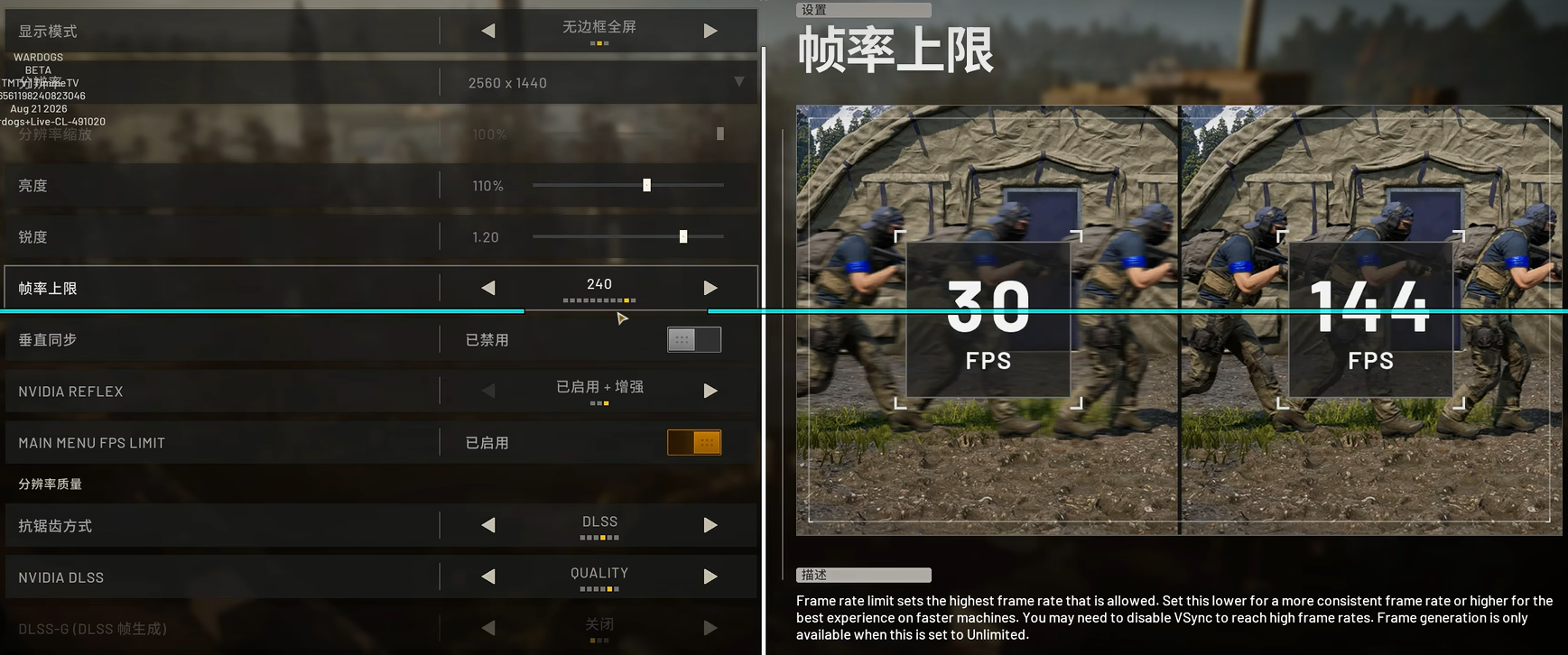 WARDOGS帧生成技术设置提示