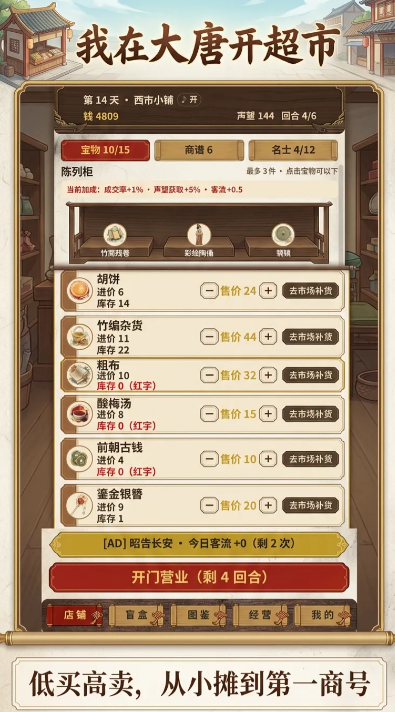 我在大唐开超市名士盲盒与历史人物助力界面
