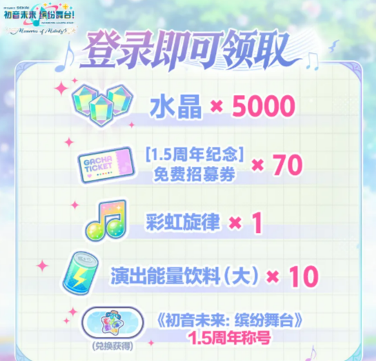 初音未来缤纷舞台1.5周年登录奖励